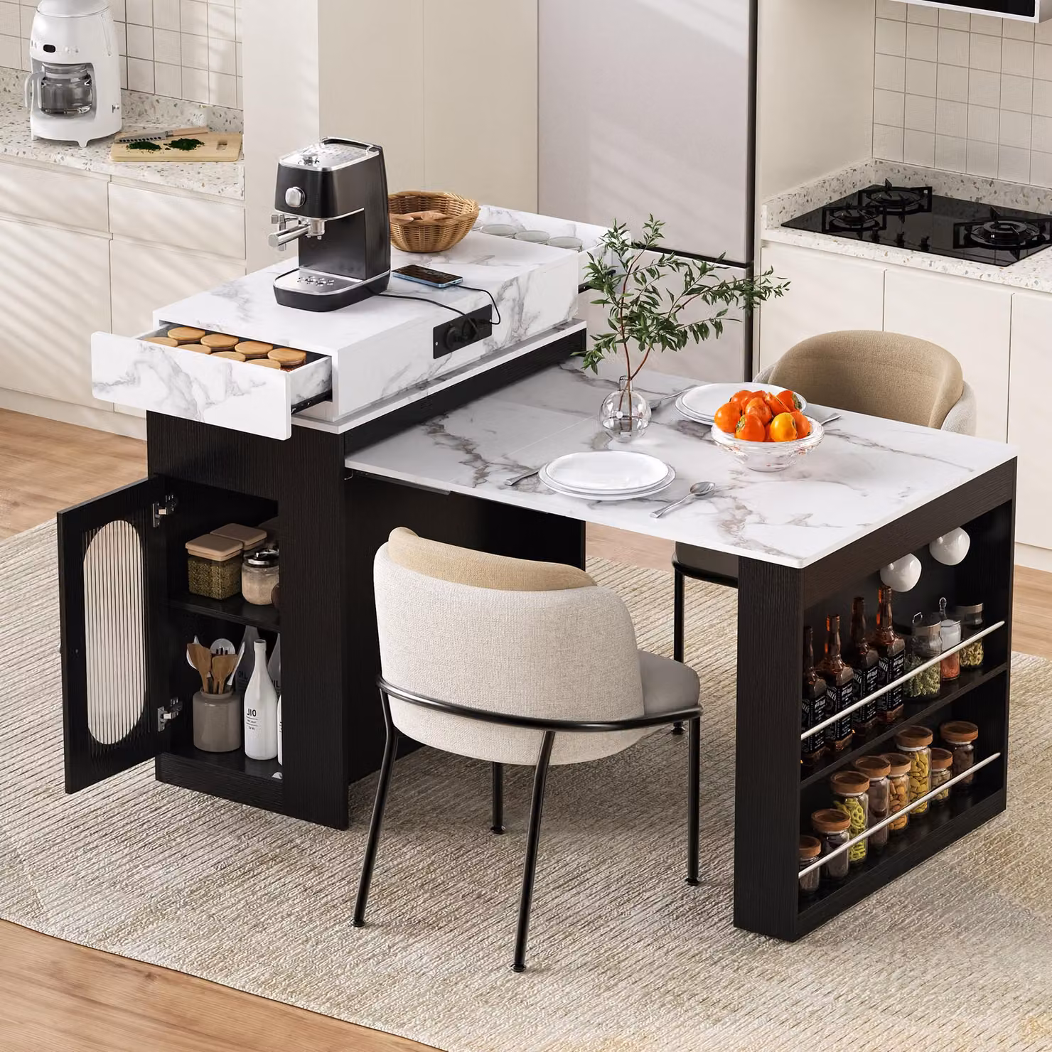 Isola da cucina, credenza con piano estendibile e ribaltabile, tavolo da cucina, bancone con prese elettriche e ganci, mobiletto da cucina con spazio contenitivo, colore nero