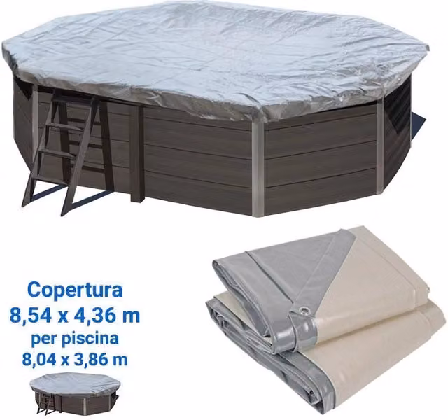 Copertura Invernale 8,54 X 4,36 M Per Piscina In Legno Composito Ottagonale Allungata Wpc Wood Di 8,04 X 3,86 M Dimensione piscina: 8.04 X 3.86 m