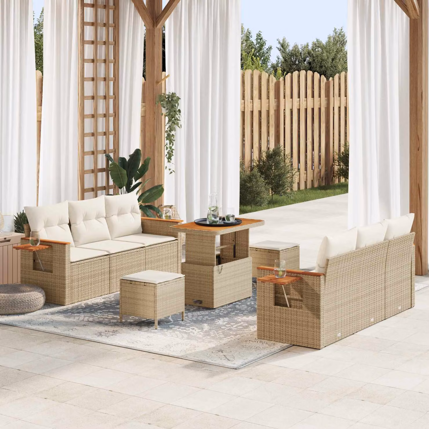 Set Divano da Giardino vidaXL 9 Pezzi in Polyrattan Beige con Tavolino e Cuscini – 1