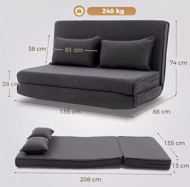 Poltrona trasformabile 3 in 1 REDOM in velluto a coste grigio scuro con struttura in metallo L: 208 cm, P: 135 cm, H: 74 cm