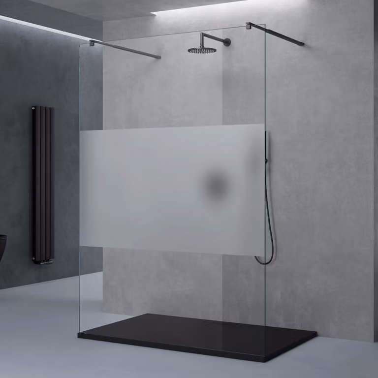 doporro Box Doccia Walk-In 130x200cm, Parete Doccia Anticalcare in Vetro Parzialmente Smerigliato 10mm con Bracci Sostegni Telescopici in Acciaio MMBR3 Nero