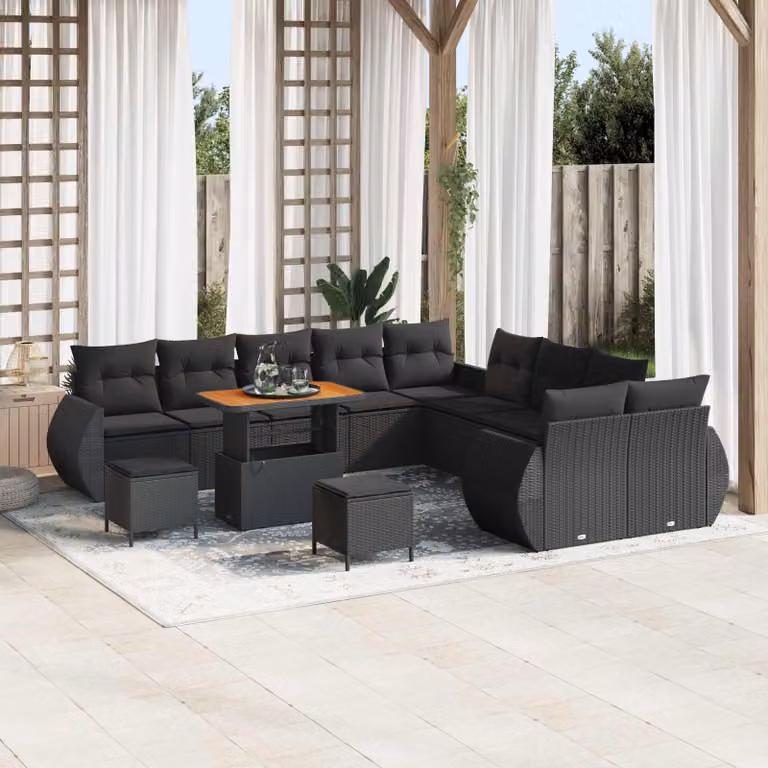Set Divano da Giardino vidaXL a Forma a U con 13 Posti, Colore Nero, con Tavolino, Pouf e Cuscini in Tessuto Resistente ai Raggi UV
