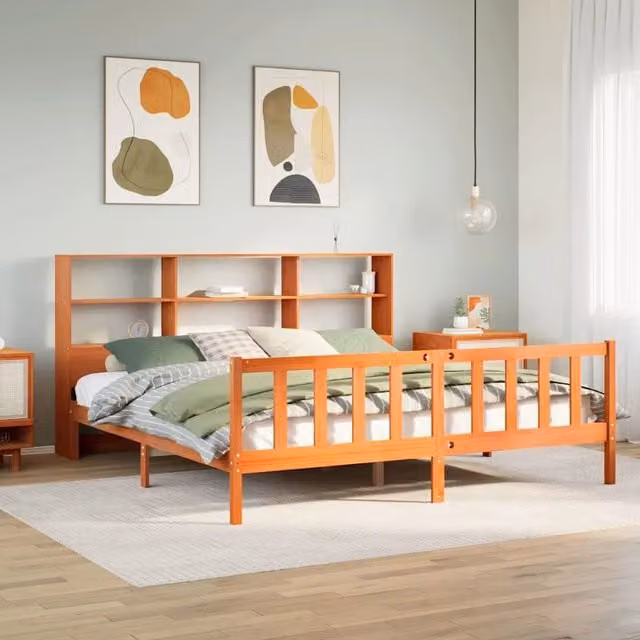 Letto Libreria senza Materasso Marrone Cera 200x200 cm in Pino 3321726