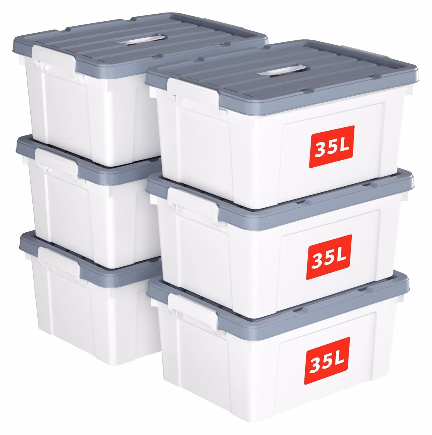 Contenitori di stoccaggio da 35 litri, set da 6, con coperchio e maniglia, impilabili, ideali per l'abbigliamento