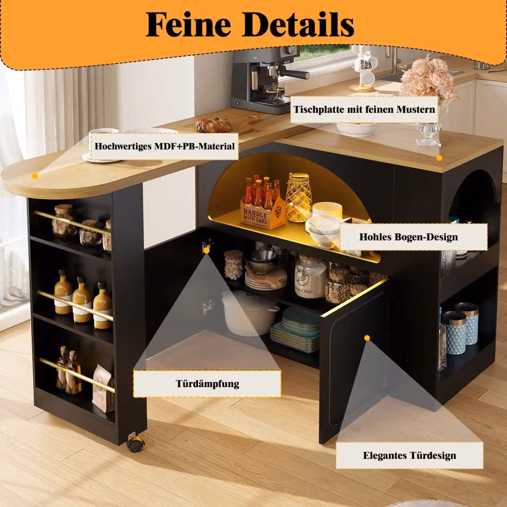 Tavolo Bar Mobile Estensibile REDOM Nero Multicolore con LED e Rotelle L/P/H: 135-205 x 39 x 100 cm – 2