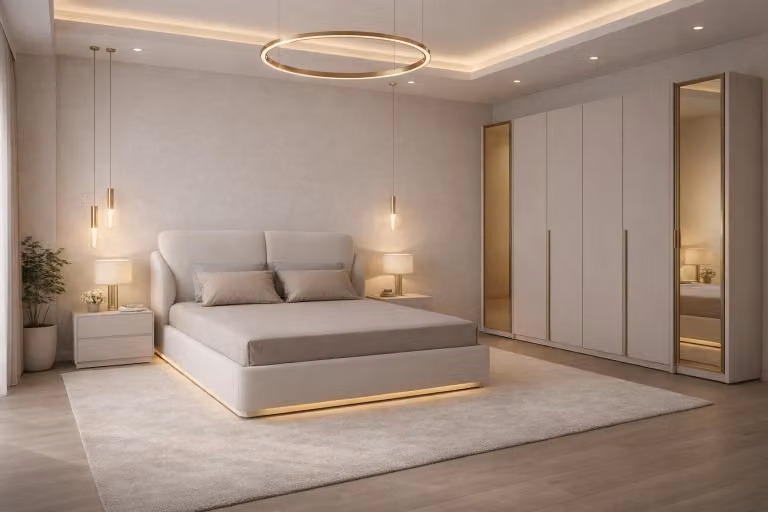 Set da camera da letto beige con un letto morbido e un elegante armadio