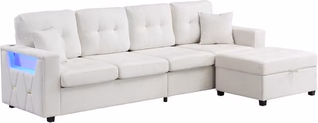 Divano angolare modulare Chicfurn a 4 posti con contenitore, illuminazione LED, porte USB e Type-C, in tessuto di lino beige con cuscini inclusi