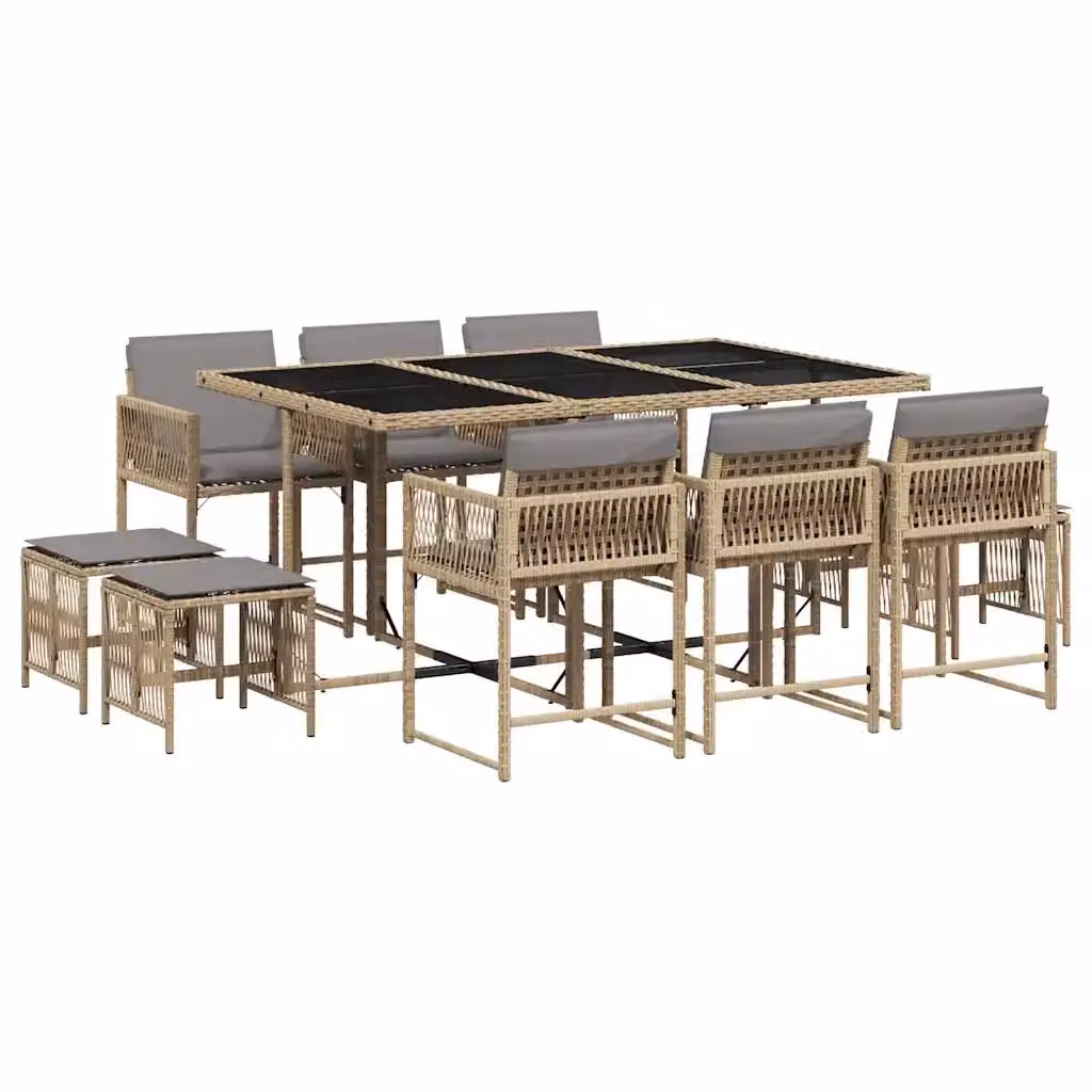 Set Pranzo da Giardino vidaXL 11 pz in Polyrattan con Cuscini Beige Misto e Piano in Vetro – 2
