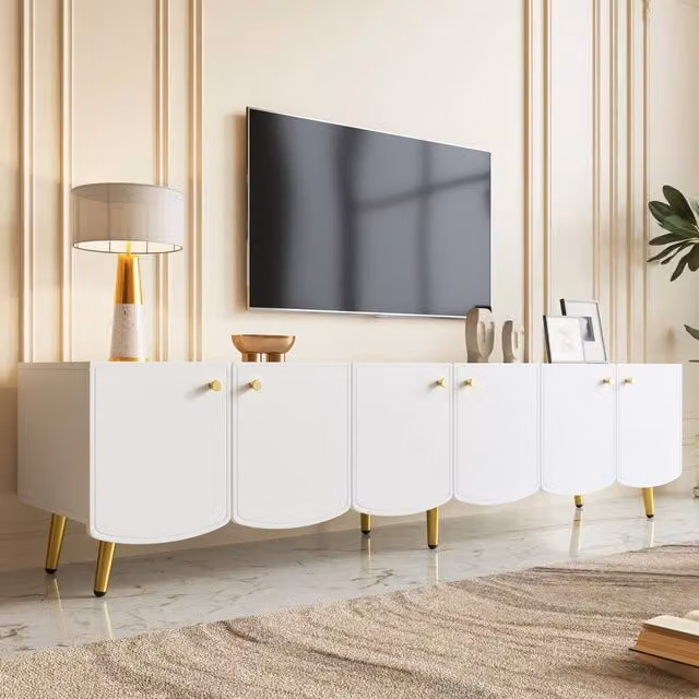 Mobile TV con 6 ante per soggiorno in pannello truciolare bianco e oro con piedi in metallo 180 × 40 × 45 cm