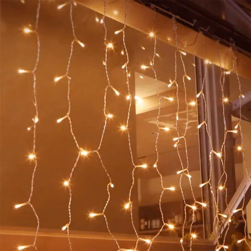 Illuminazione a tenda, luce bianco caldo, 1x1 metro, 100 LED, alimentazione a batteria