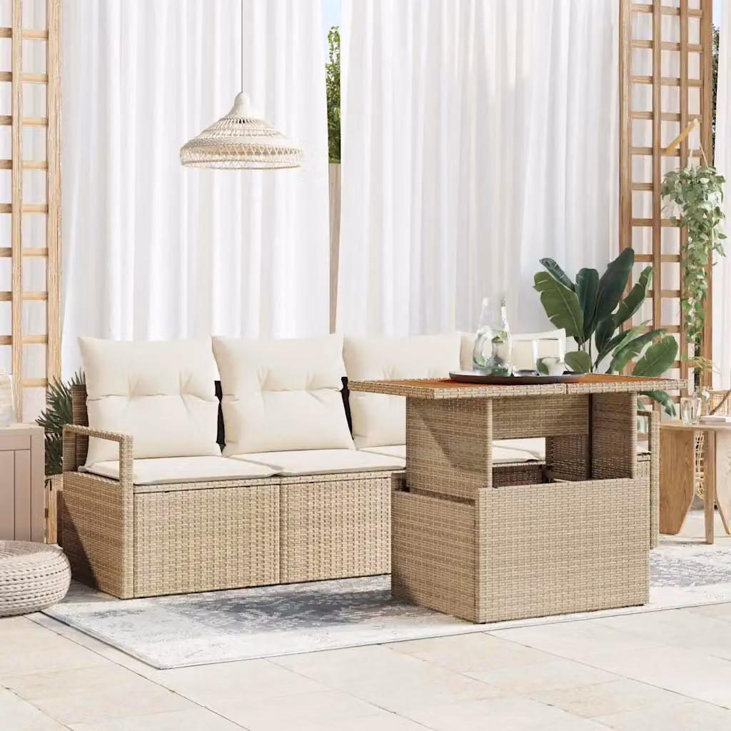 Set Divano da Giardino vidaXL 5 Pezzi a Forma di U con Tavolino, Colore Beige e Bianco