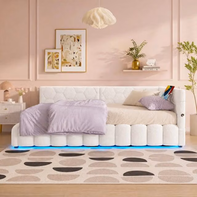 Letto daybed MODFU con contenitore e illuminazione LED, porte USB e Type-C, rivestimento in ecopelle bianca, L/P/H: 200 x 90 x 73 cm