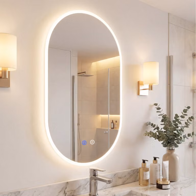 Specchio da bagno Costway a parete con luce LED dimmerabile a 3 tonalità, anti-appannamento e vetro temperato infrangibile, Bianco, L: 90 cm, H: 55 cm