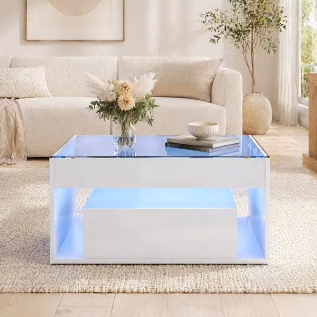 Tavolino basso Mivray con LED, piano in vetro temperato e cassetti lucidi bianchi, L/P/H: 70 x 70 x 35 cm
