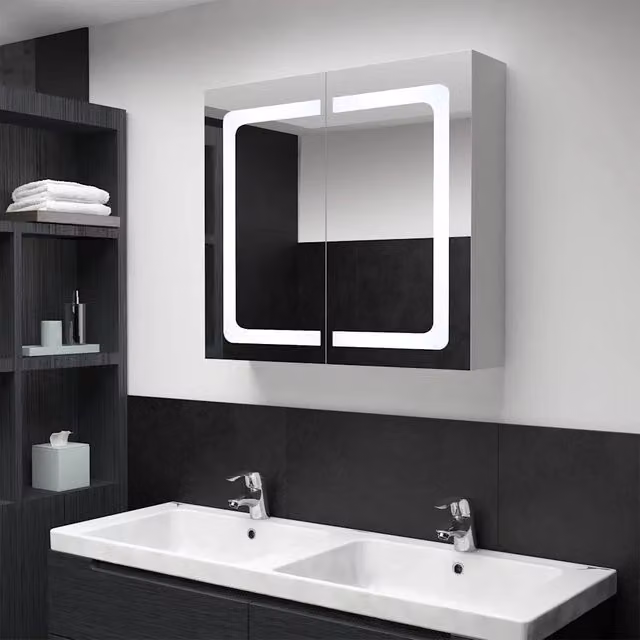 Armadietto da bagno moderno vidaXL con specchio e illuminazione LED, bianco e antracite, L: 80 cm, P: 12,2 cm, H: 68 cm