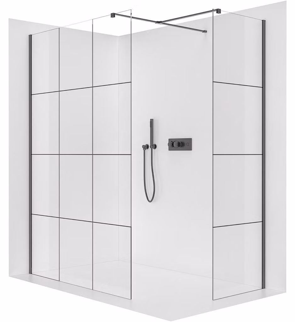 Pannello doccia walk-in Onyx T, destro/sinistro - 8 mm - profilo squadrato - nero opaco, vetro industriale - 150x140x200 cm
