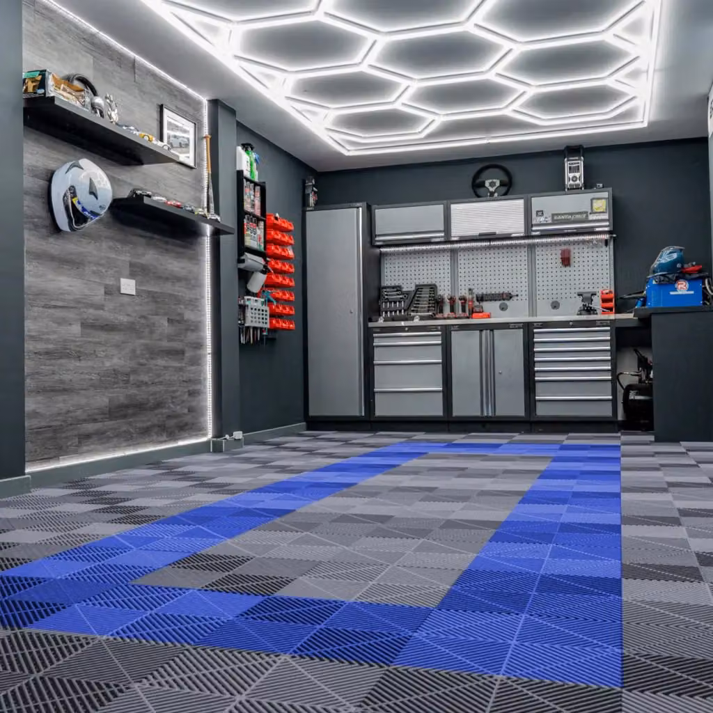 Set di Piastrelle Esagonali LED e Piastrelle Ventilate per Pavimento Garage MONSTER SHOP, Colori Grigio e Blu, in Plastica – 2