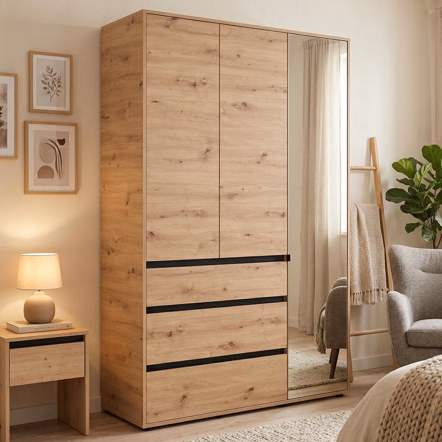 Ilbonoo - Guardaroba 3 Ante, 138x55 cm Marrone Rovere Nodi, Appendiabiti