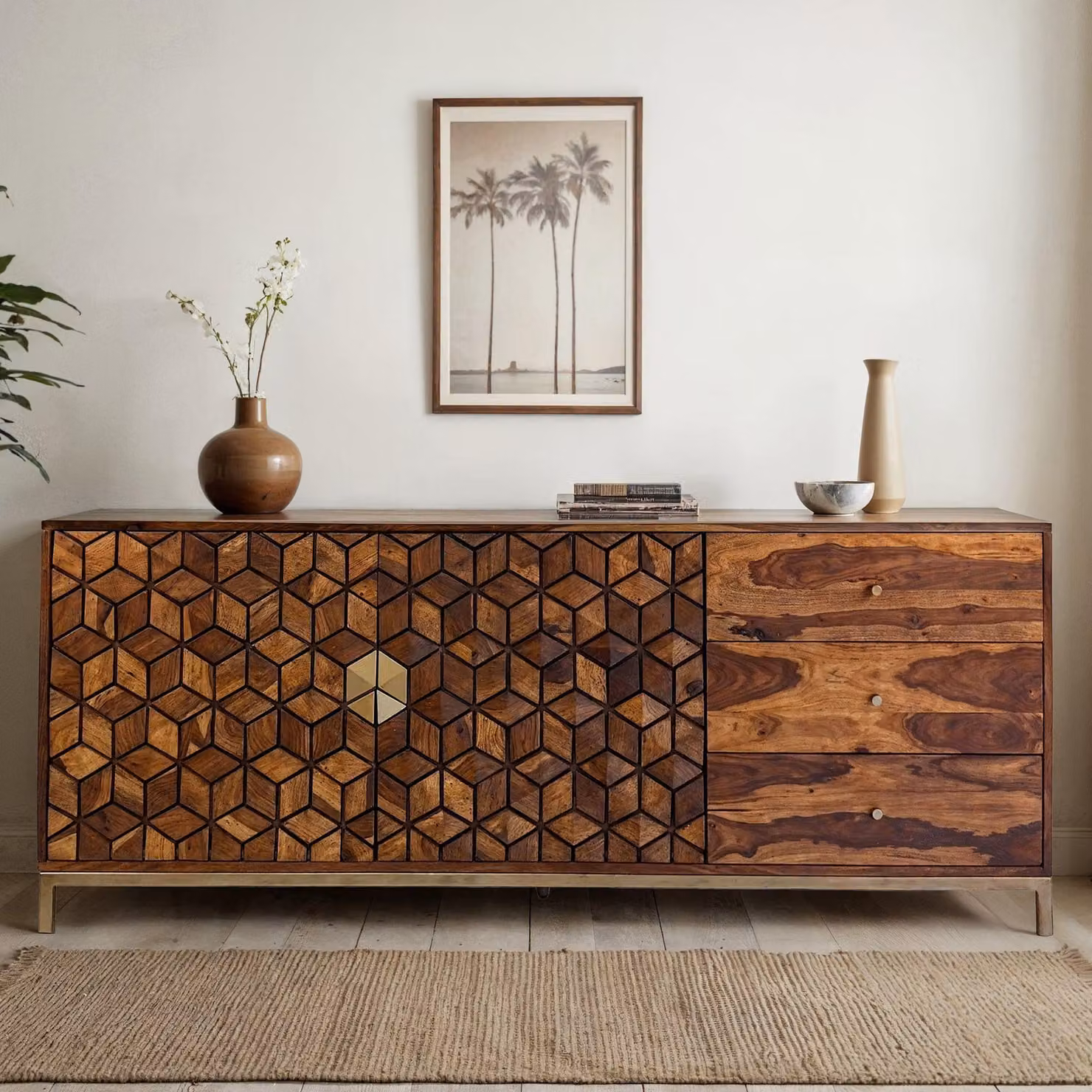 FineBuy Credenza in legno massiccio Sheesham 180cm 2 porte e 3 cassetti - Cassettiera solida retrò con struttura in metallo - Credenza naturale fatta a mano - Industriale