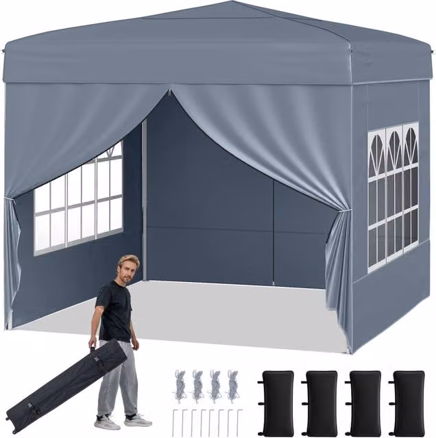 Gazebo da giardino pieghevole con 4 pannelli laterali altezza regolabile borsa da trasporto, Gazebo da esterno impermeabile Grigio