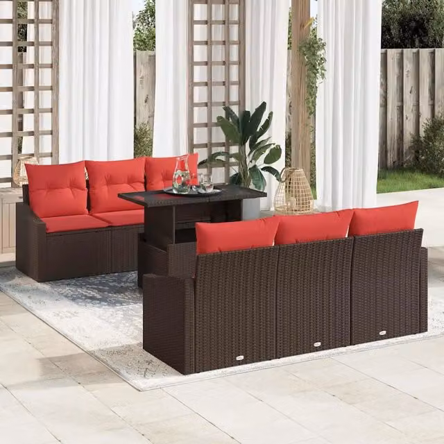 Set Divano da Giardino 7 pz 6-Numero di posti Marrone e Rosso 3348930