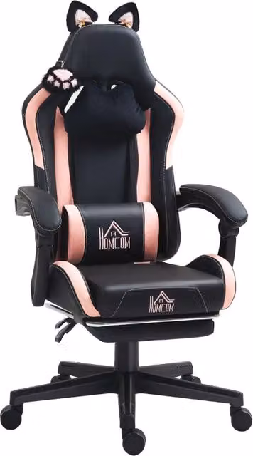 Sedia da gaming girevole con poggiatesta e poggiapiedi estraibile in similpelle nera, H 124 x L 65 x P 62 cm