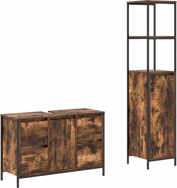 Set di mobili per il bagno moderno vidaXL in legno e metallo, colore marrone e nero, composto da 2 pezzi con vanità e armadietto, L/P/H: 165 x 44 x 90 cm