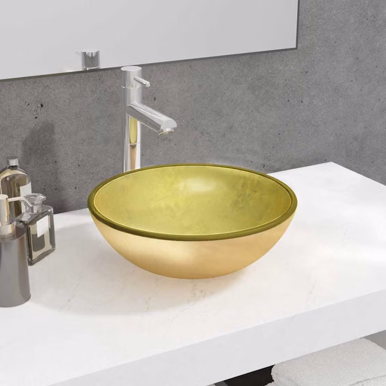 Lavandino rotondo da appoggio in vetro temperato vidaXL, Oro, L: 35 cm, H: 12 cm