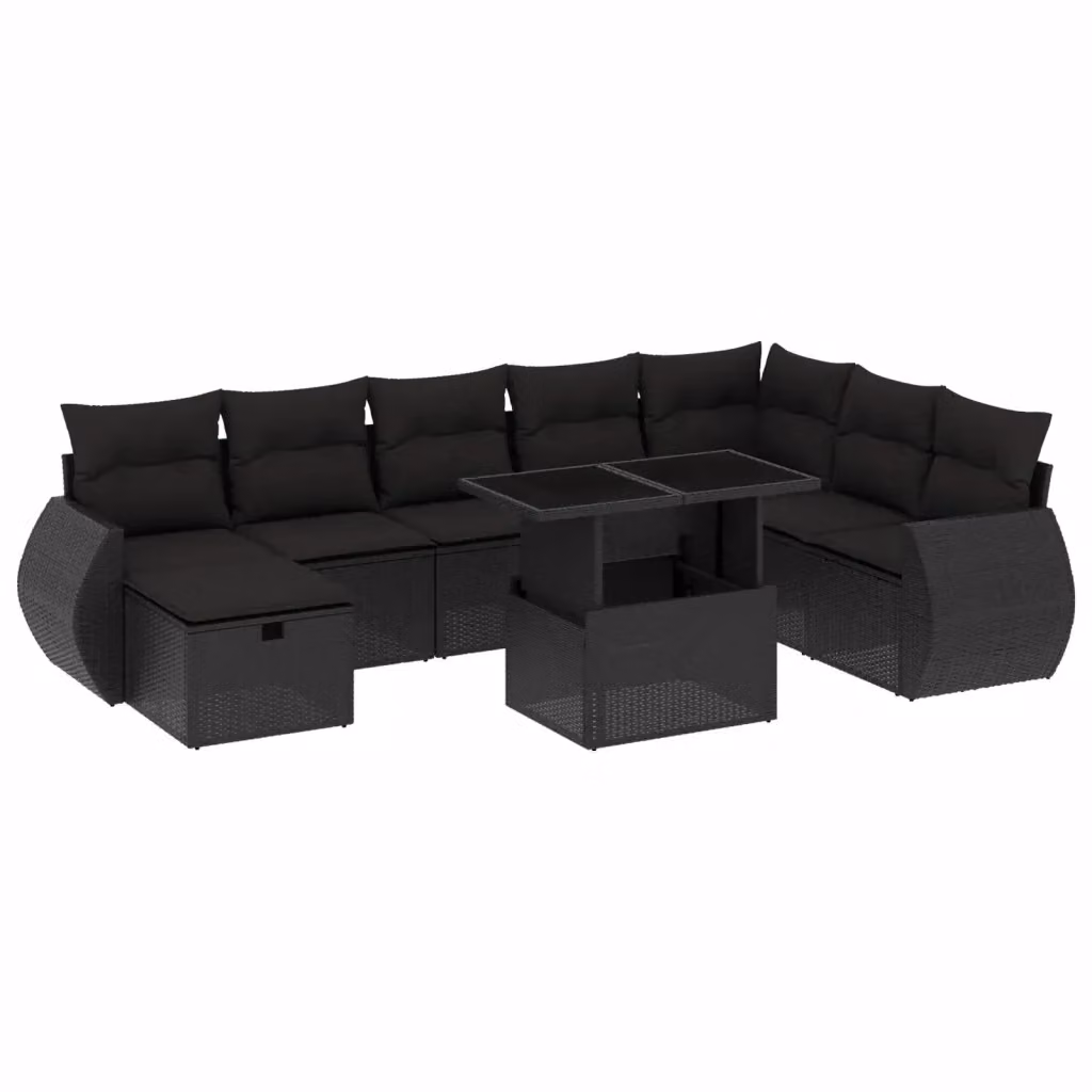 Set di divani da giardino vidaXL in polyrattan nero con cuscini, forma a L e tavolino da esterno – 2