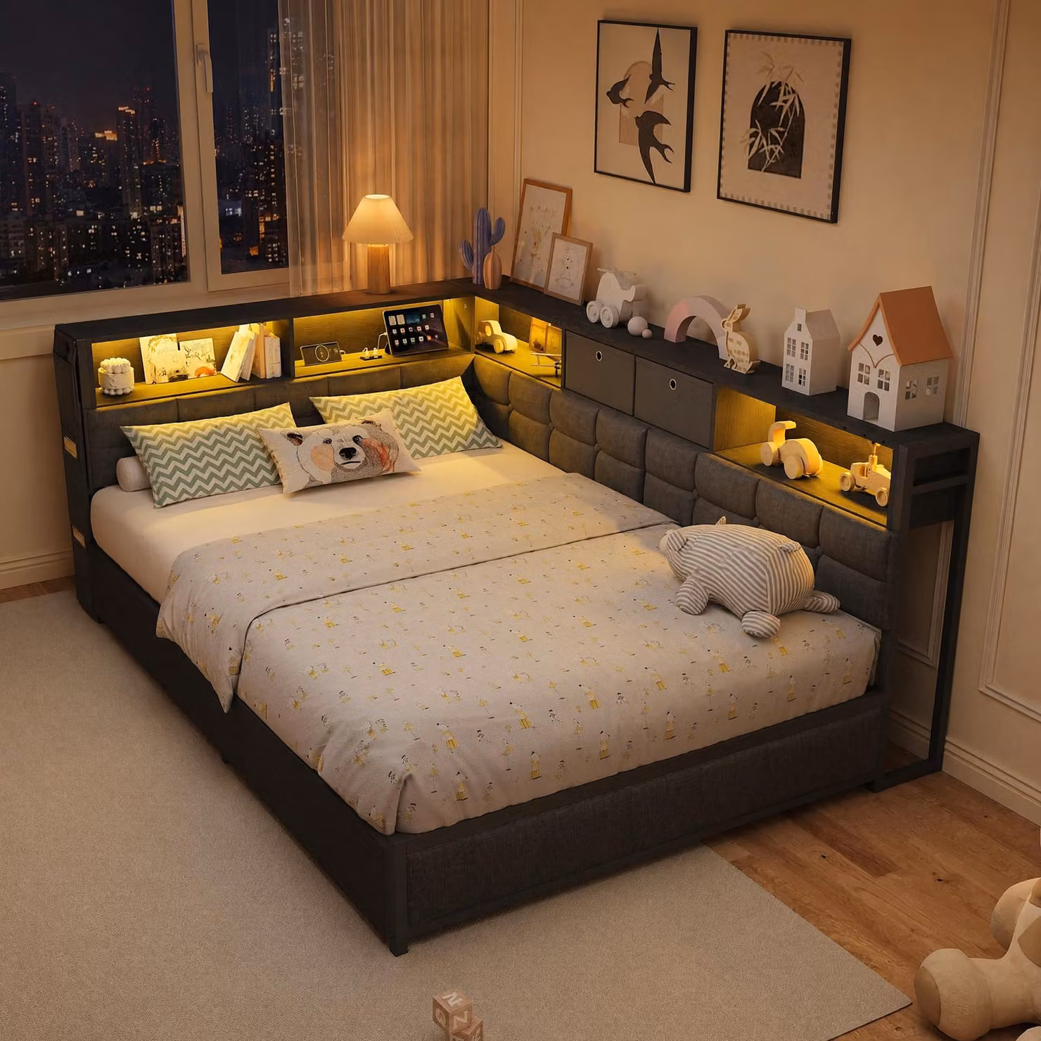Letto imbottito UnboxG, 140x200 cm, grigio, letto matrimoniale in tessuto di lino con 2 cassetti, illuminazione LED RGB, porte USB e Type-C, testiera reversibile (montabile a sinistra o a destra)