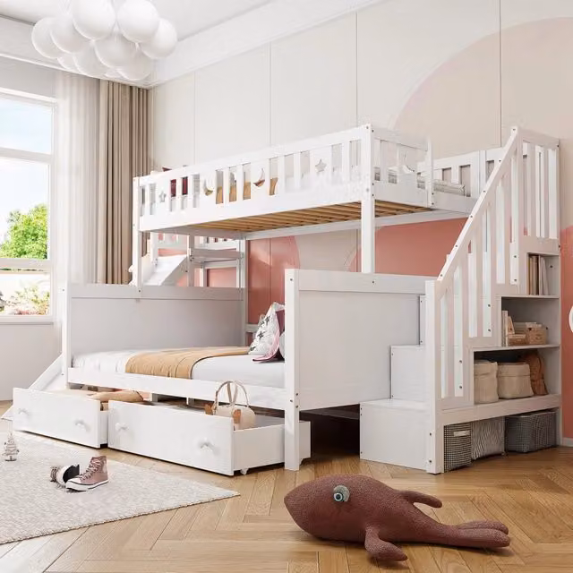 Letto a castello per bambini con scivolo, in legno bianco, con scala, 2 cassetti e rete a doghe, 90 x 200 / 140 x 200 cm