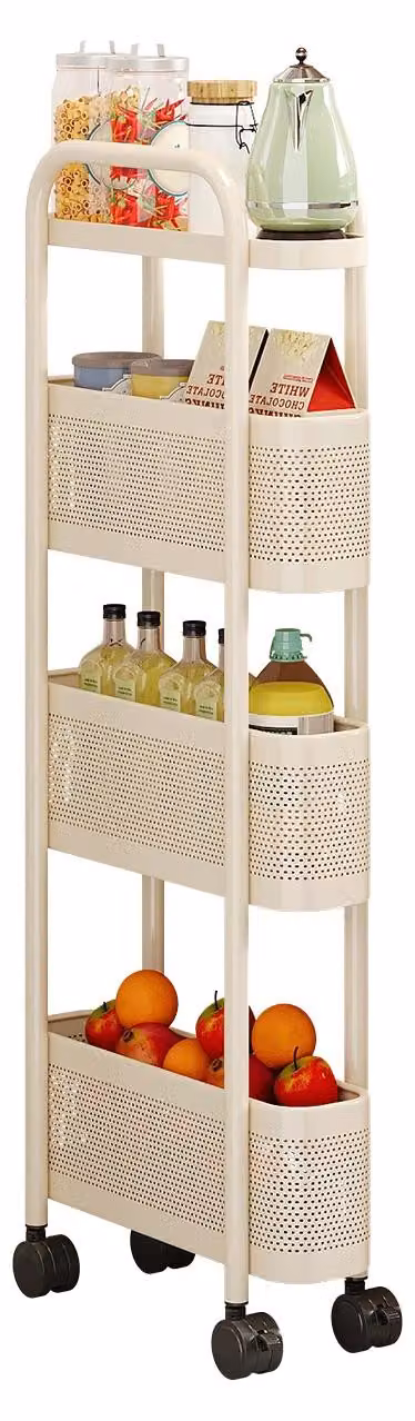 Carrello da cucina sottile con cesti - Scaffale portaoggetti - 4 ripiani - 12 cm di larghezza - Rotazione a 360° - Acciaio - Bianco crema