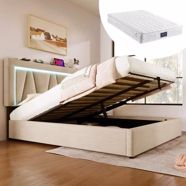 Letto matrimoniale imbottito LED 140x200 cm con ricarica USB Type-C, illuminazione LED, contenitore, rete a doghe, lino (Con materasso)