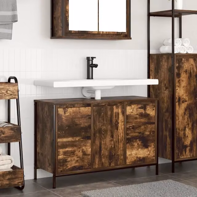 Mobile Lavabo con Cassetti-Armadietto da bagno Rovere Fumo 90x34,5x60 cm
