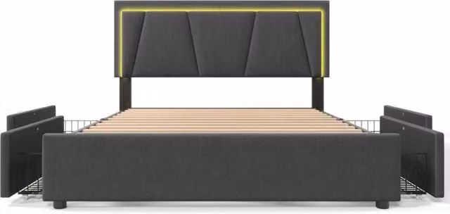 Letto matrimoniale imbottito 140x200 cm con illuminazione LED, 4 cassetti, testiera regolabile in altezza, struttura in metallo grigia