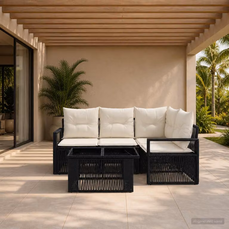 Set Divano da Giardino L-Shape vidaXL 5 Pezzi in Polyrattan Nero e Bianco Crema con Tavolino e Cuscini Imbottiti