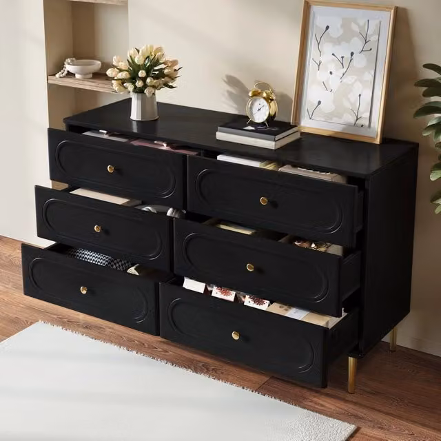 Credenza OKWISH moderna con 6 cassetti e piedi in metallo, design geometrico nero opaco per soggiorno, camera da letto o ingresso, L 120 x P 40 x H 75 cm