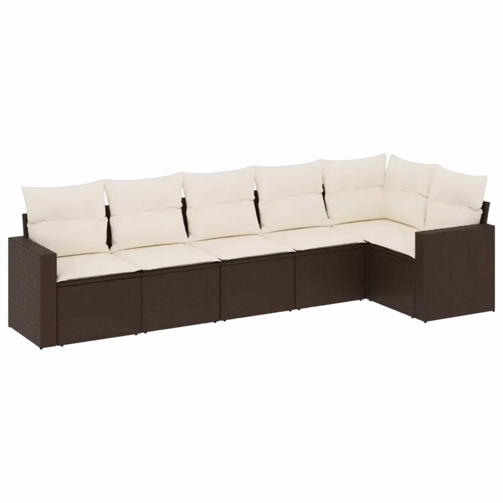 vidaXL Set di Divani da Giardino a L in Polyrattan Marrone con Cuscini Bianchi, 6 Pezzi – 2