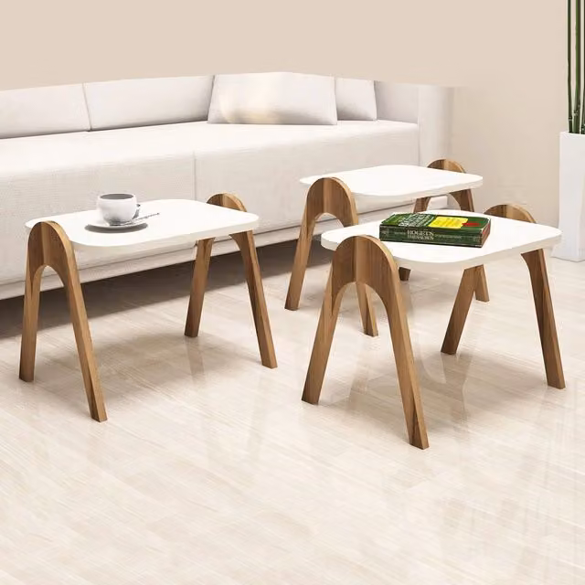 Cerrione Set di 3 Tavolini da Salotto Impilabili Moderni, L/P/H: 49 x 36 x 42 cm, Bianco Crema – 1