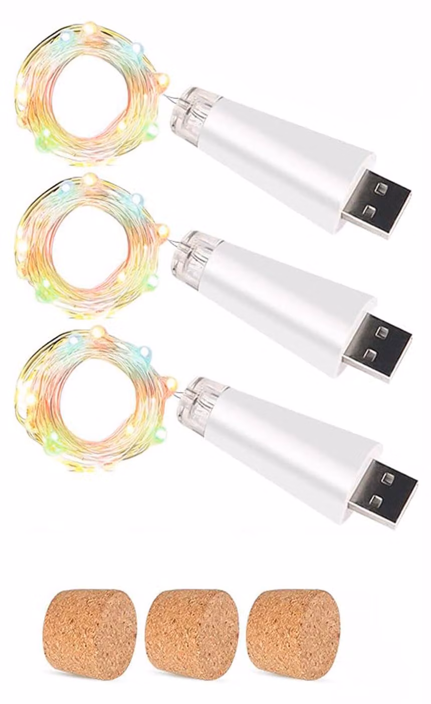 Lampada a LED con base in sughero, ricaricabile tramite USB, con 15 luci a filo di rame, lunghezza totale di 152 cm (59 pollici)