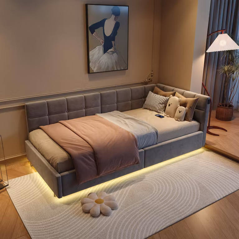 Letto singolo 90x200 cm con contenitore e illuminazione a LED, letto imbottito in velluto con sollevamento idraulico, connessione di ricarica USB e Type-C