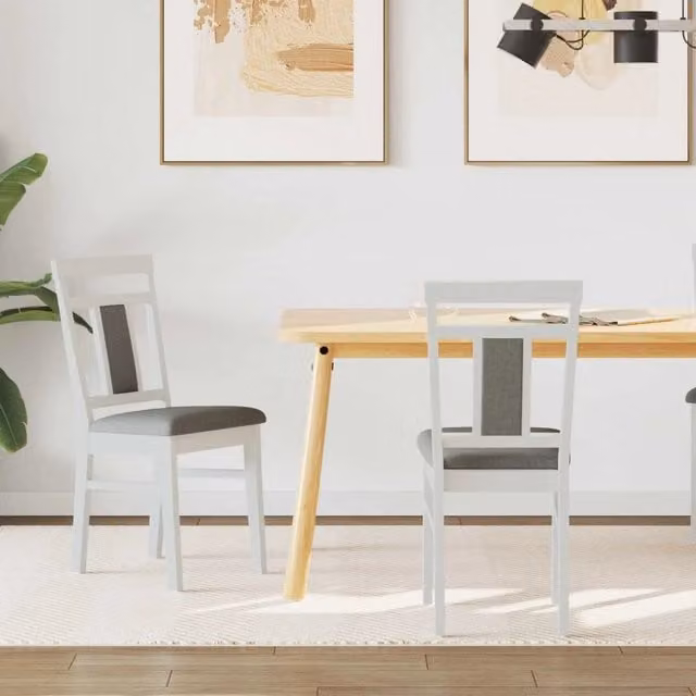 Set di 2 sedie da pranzo vidaXL in legno di gomma con seduta in tessuto bianco e grigio