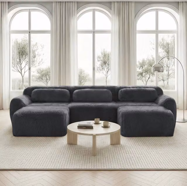 Divano modulare senza struttura in tessuto plush; 291×179×73 cm; grigio