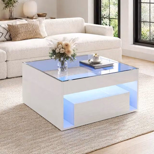 Tavolino da salotto ULEVR 70x70x35 cm con 2 cassetti, vano aperto, LED controllabile via app e vetro temprato, bianco