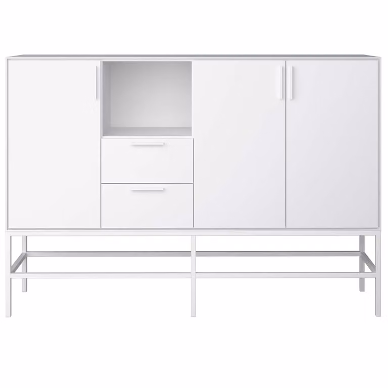 Credenza Ravn 3 ante e 2 cassetti, laccata bianca, struttura in metallo bianco.