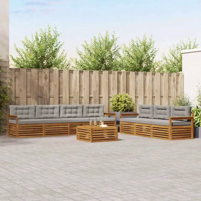 Set di mobili da esterno vidaXL composto da 8 pezzi con divani a forma di U, tavolino da caffè e cuscini, in legno di acacia trattato e tessuto beige e grigio