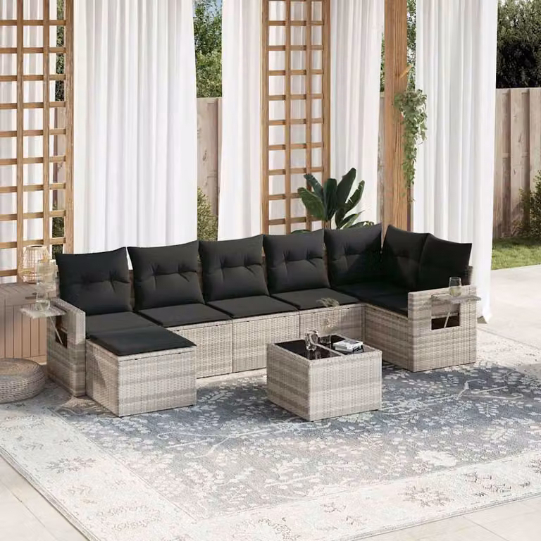 vidaXL Set Divano da Giardino a L 8pz con Cuscini Grigio con Tavolino e Ottoman in Polyrattan e Acciaio