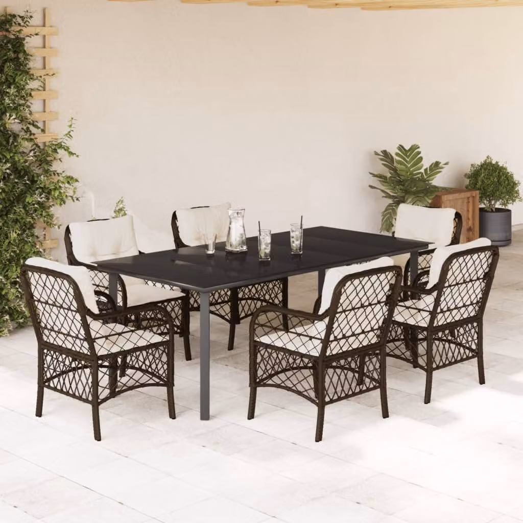 vidaXL Set da Pranzo da Giardino 7pz in Polyrattan Marrone con Piano in Vetro – 1