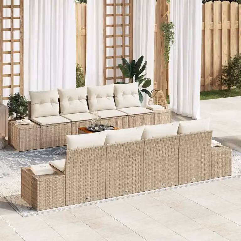 Set Divano da Giardino vidaXL 9 Pezzi Beige con Cuscini e Tavolino in Polyrattan e Acciaio