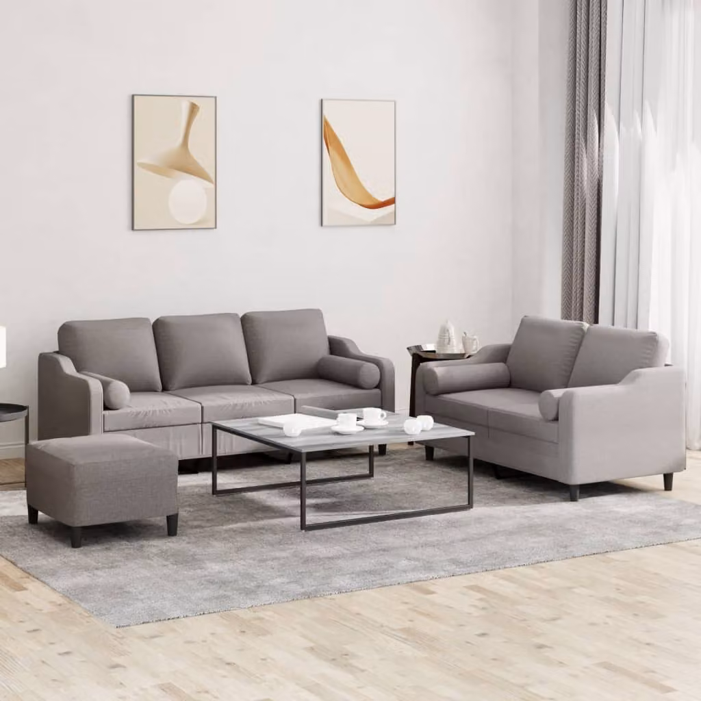 Set di Divani vidaXL 3 Pezzi con Ottoman in Tessuto Beige e Grigio per Soggiorno – 1